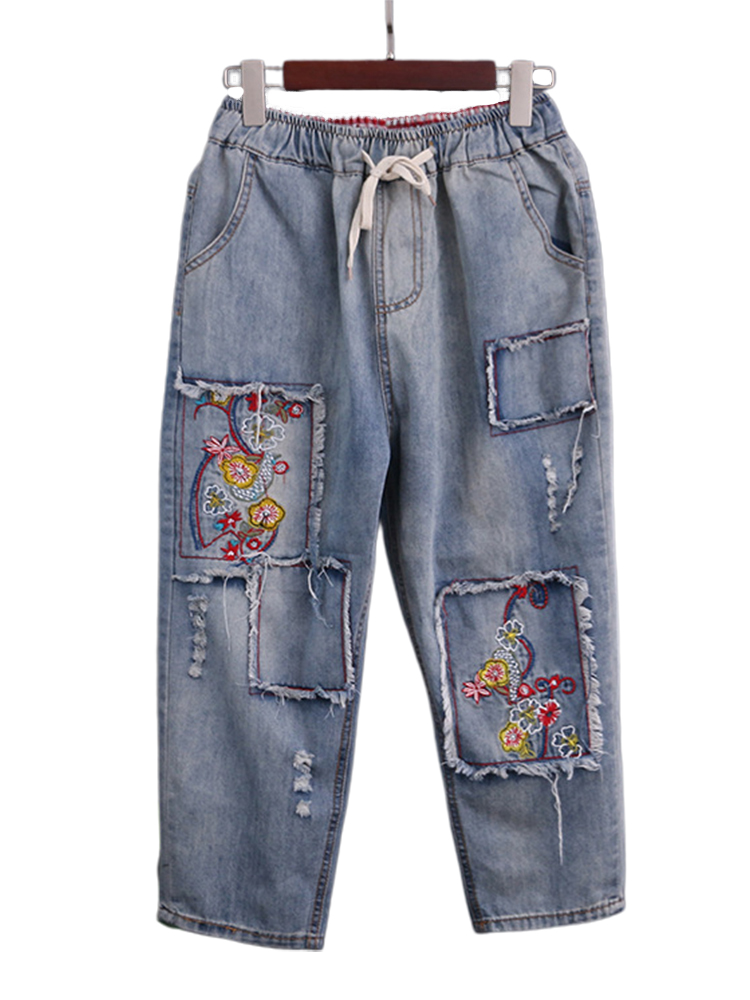 

Vintage Embroidered Patch Elastic Waist Denim Jeans
