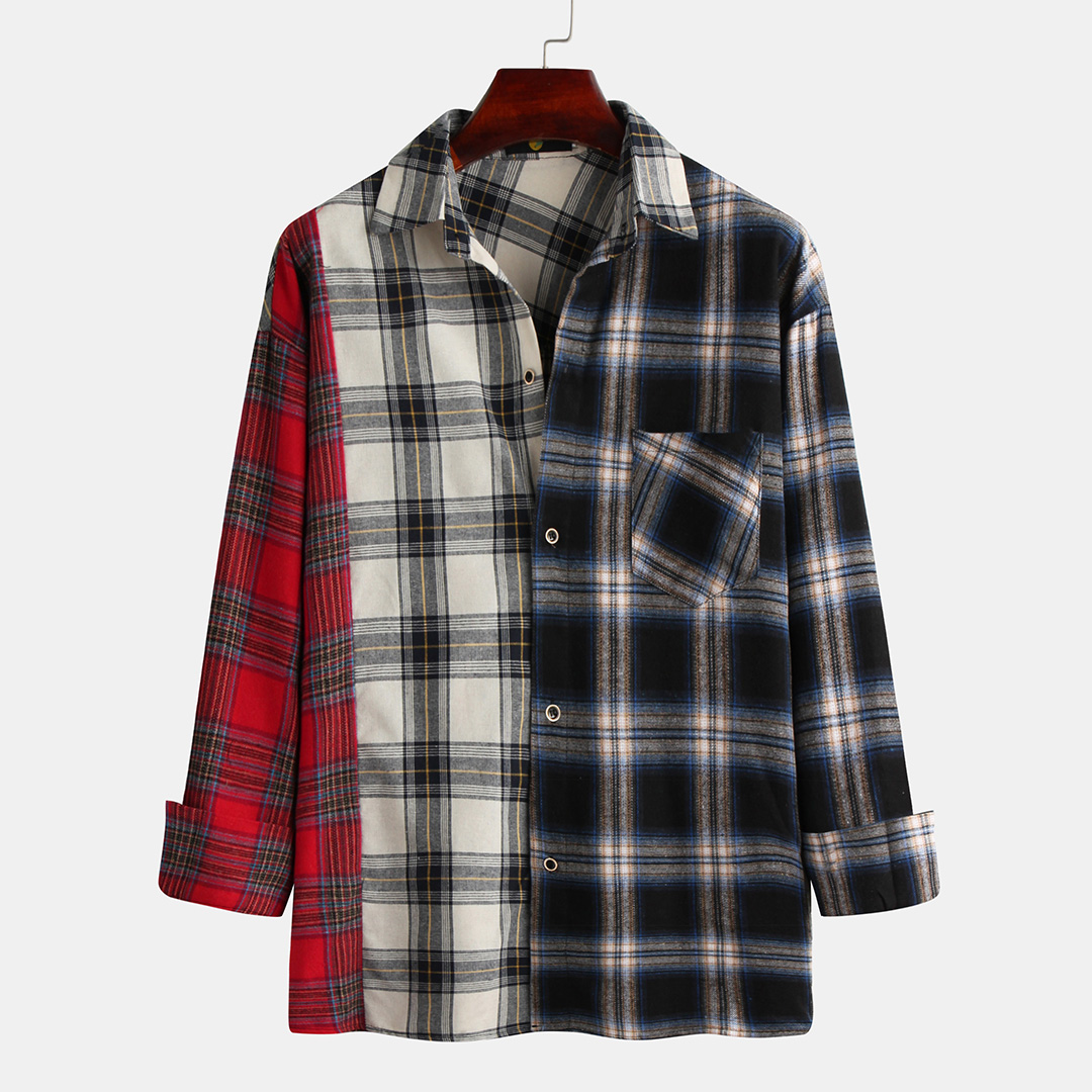 

Men Stitching Color Long Sleeve Loose Checked Shirts