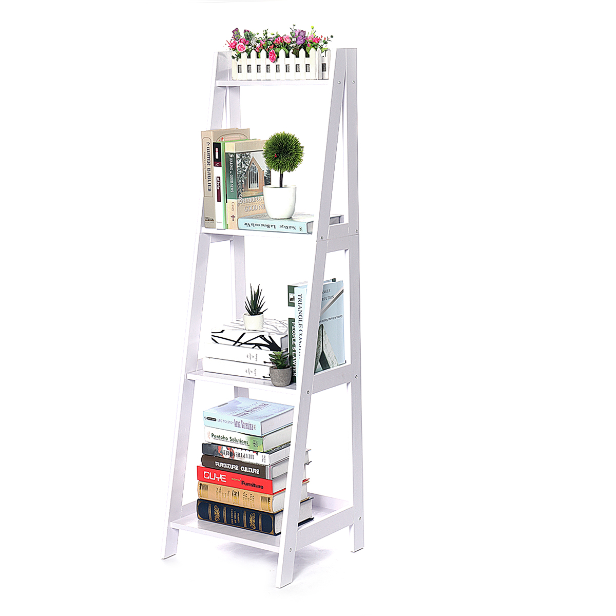 

4-Tier Ladder Storage Shelf Bookshelf Book Rack Magazine Space-saving Storage Shelves Large Capacity Plants Decorations Stand