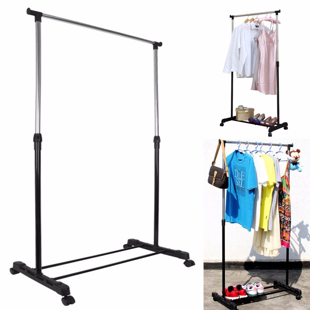 

Adjustable Portable Clothes Garment Rack Hanging Rail Rolling Wheel Heavy Duty Cloth Hanger