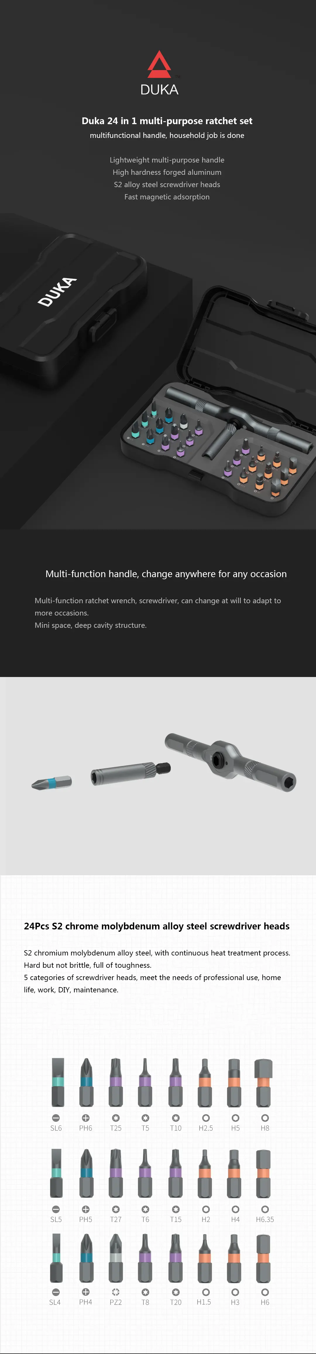 Xiaomi mijia atuman duka 24 in 1 multi-purpose ratchet wrench screwdriver s2 magnetic bits tools set diy household repair tool (black)