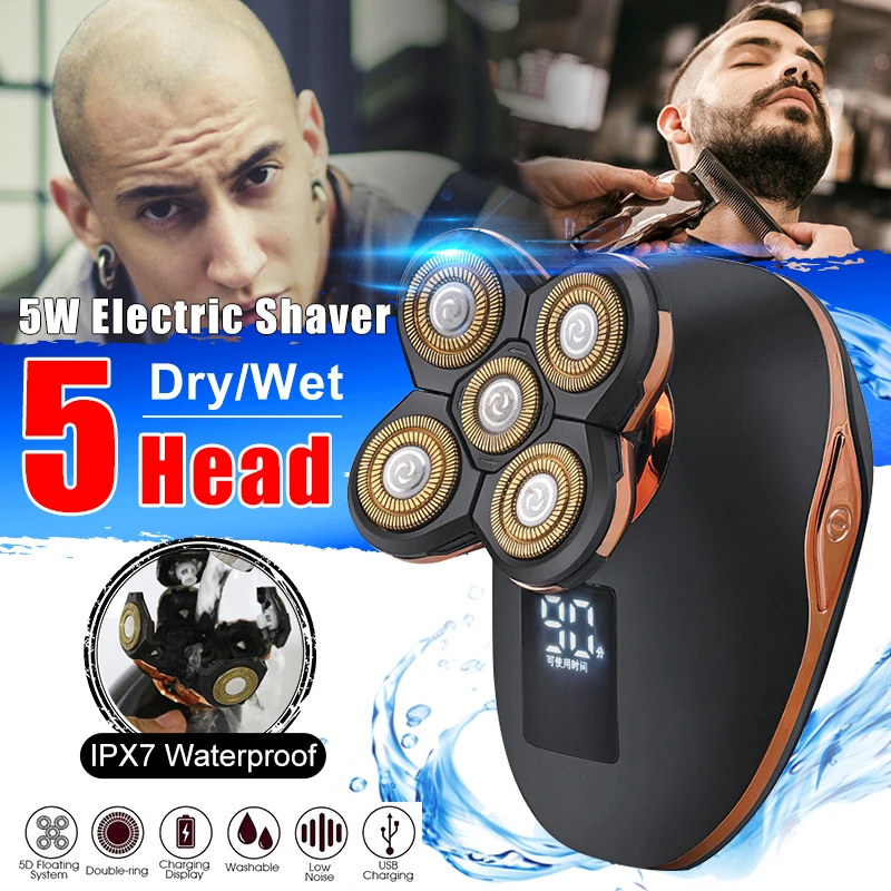 Dispaly 5 Head Electric Shaver Razor Bald Head Shaver USB Rechargeable Beard Trimmer Waterproof Grooming Kit With Brush