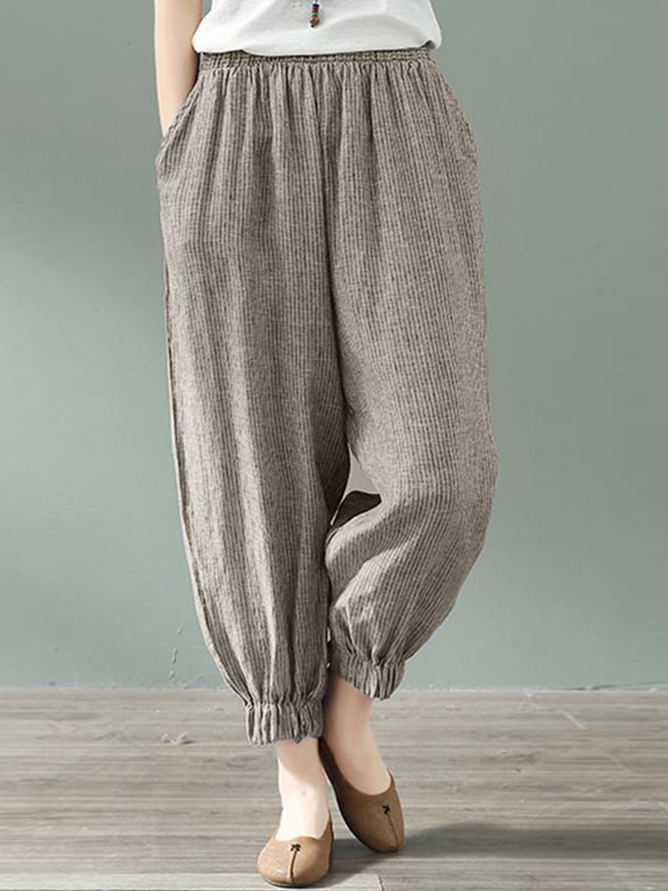 

Women Stripe Elastic Waist Loose Pocket Casual Pants