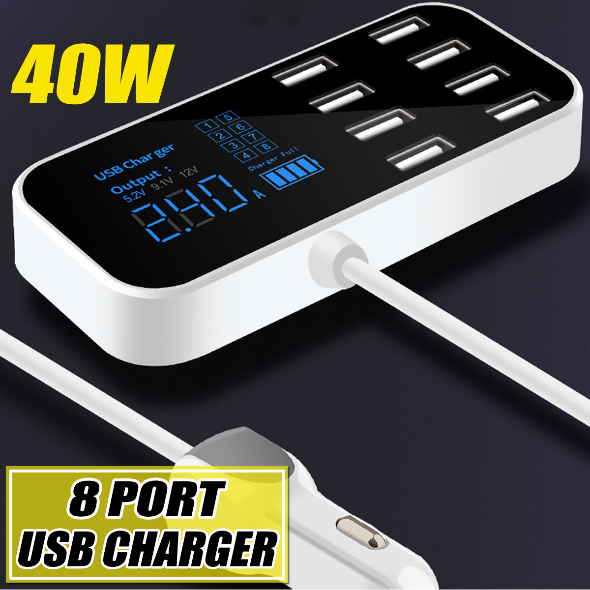 5V 8A 40W Smart USB Car Display USB Charger Adapter 8 Ports LED Digital Display Charging Station