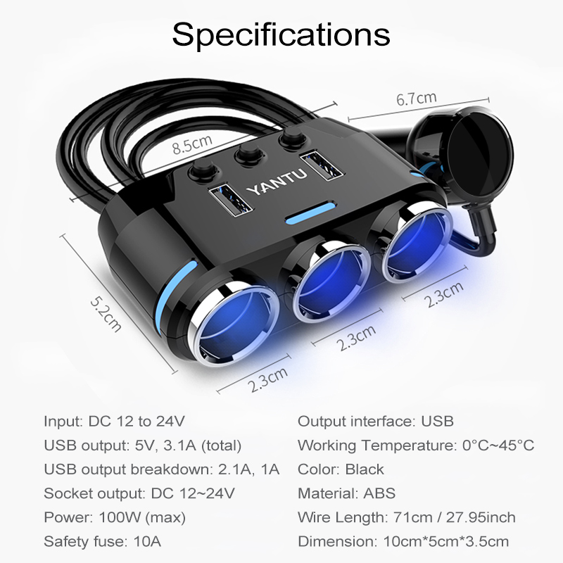 Dual USB Port 3 Way Auto Charger Car Ci garette Lighter Full Function Socket Splitter Adapter 10