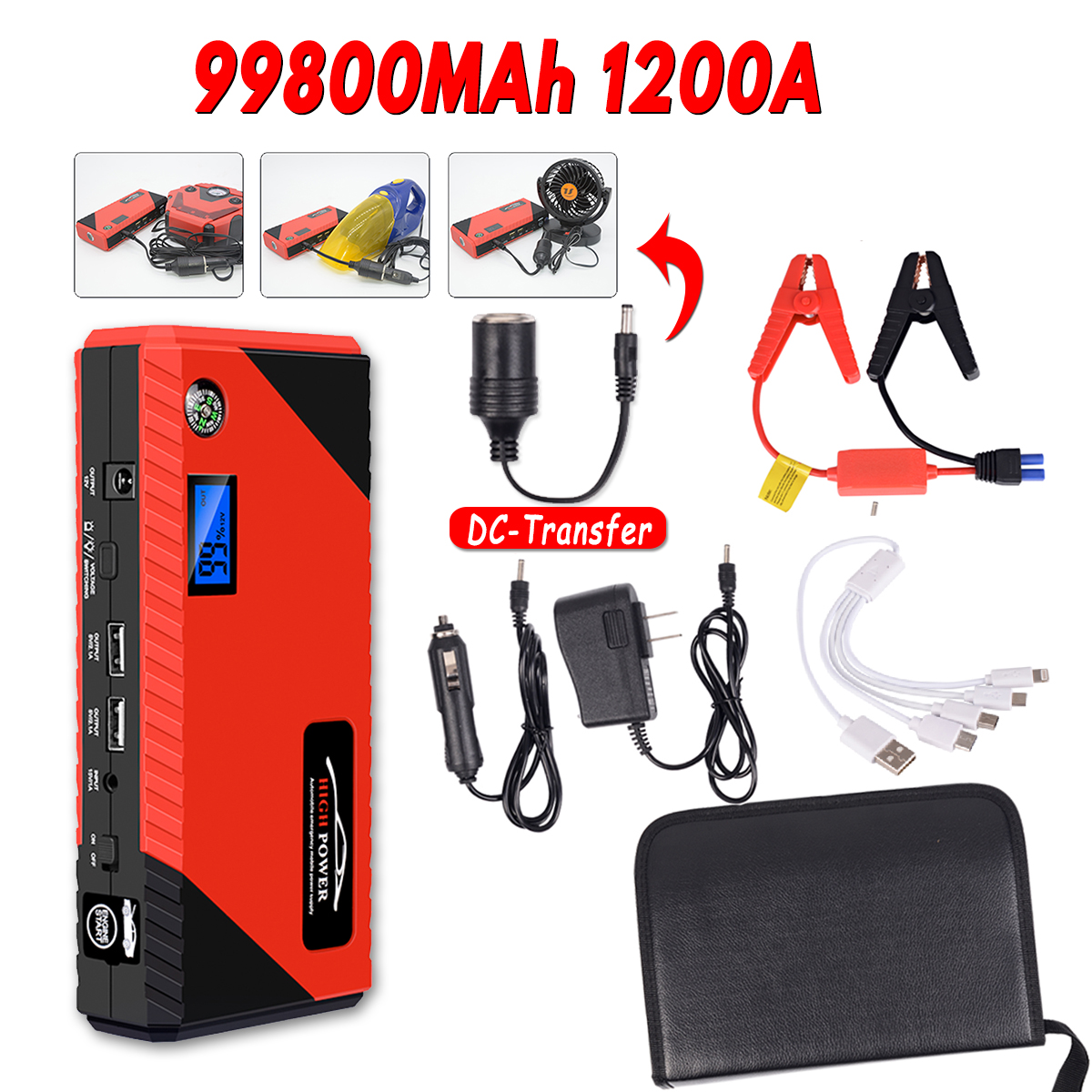 JX31 Display 98600mAh 12V Car Jump Starter Portable USB Emergency Power Bank Battery Booster Clamp 1000A DC Port Red