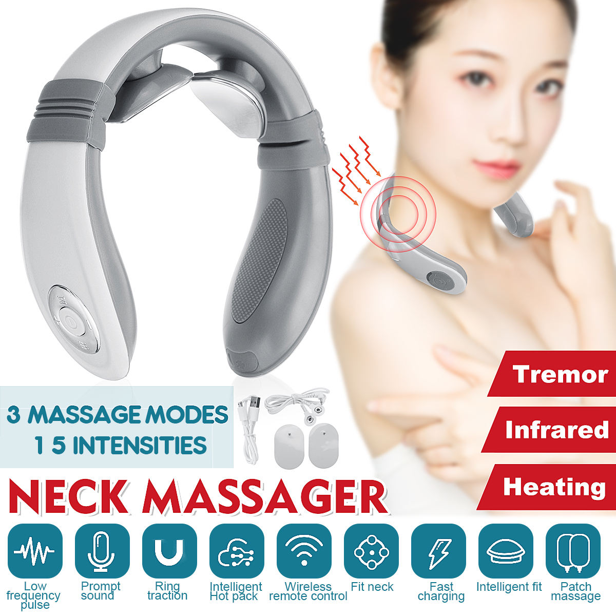 15 Gear Smart Viabration Neck Cervical Pain Relief Massager Electromagnetic Shock Massage With Far Infrared Heating Electric Massager