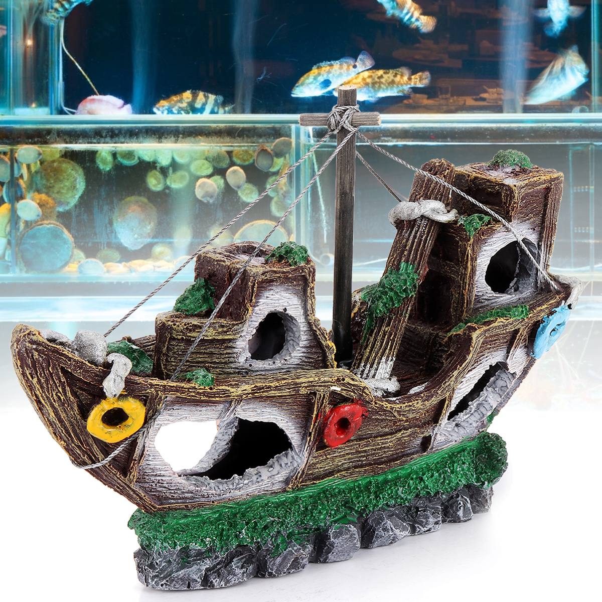 

Aquarium Ornament Wreck Sailing Boat Sunk Ship Destroyer Fish Tank Cave Decorations