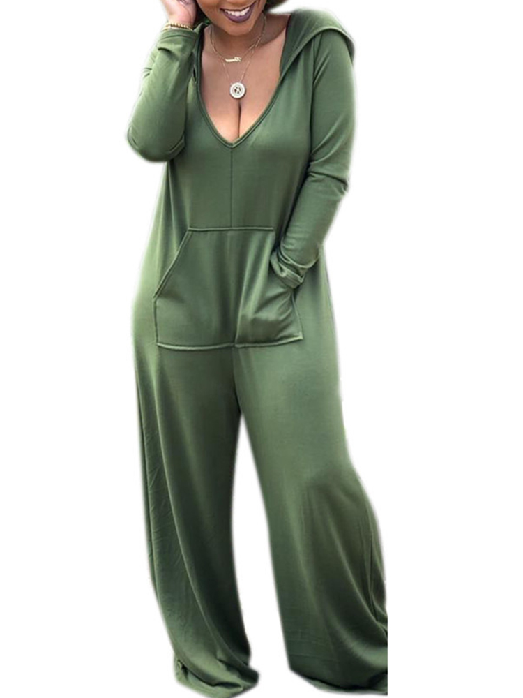 

Long Sleeve V-neck Hooded Causal Solid Jumpsuit