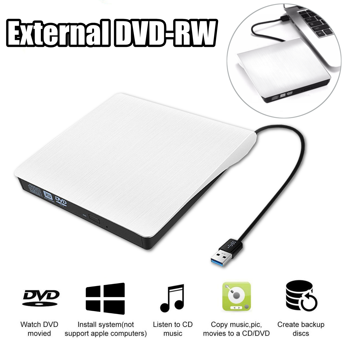 USB 3.0 Slim External DVD Optical Drive DVD-RW CD-RW Combo Drive Burner Reader Player 2