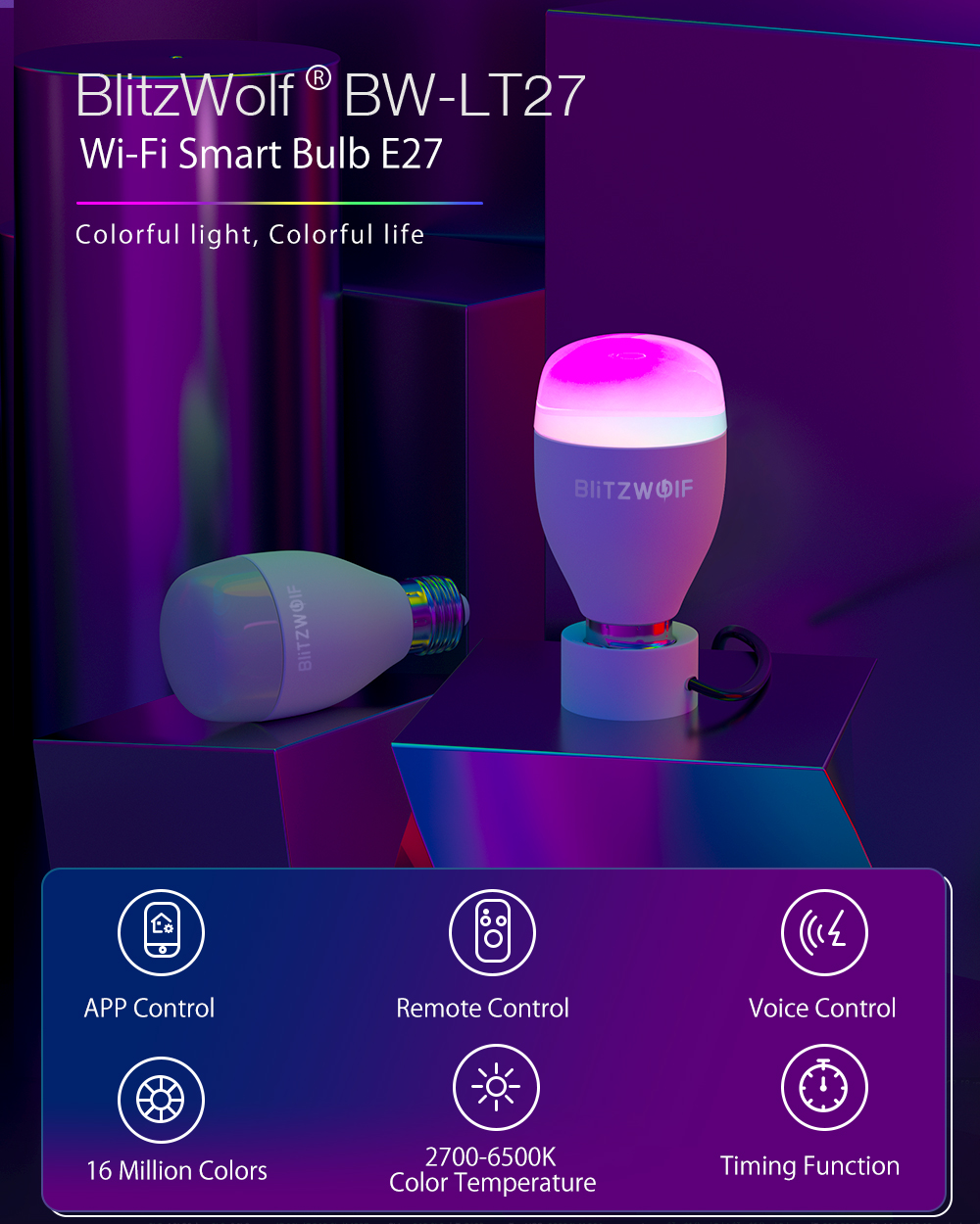 BlitzWolf® BW-LT27 AC100-240V RGBWW+CW 9W E27 APP Smart LED Bulb Work With Alexa Google Assistant + IR Remote Control 
