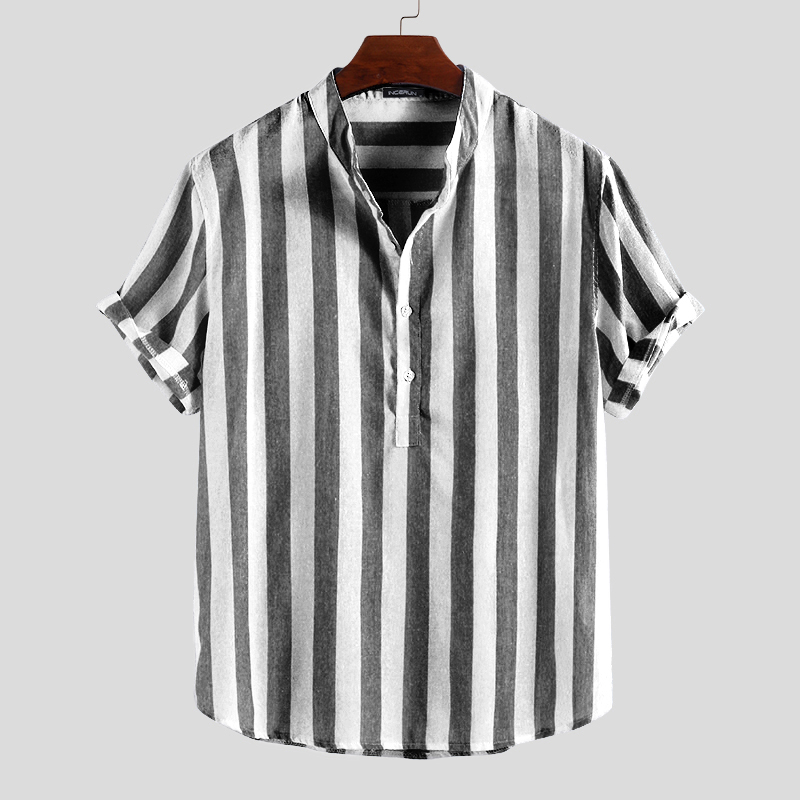 Men's collarless striped shirts short sleeve casual linen button down ...