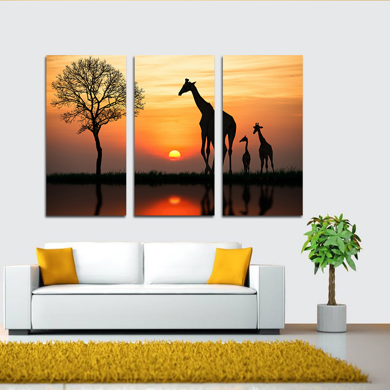 

Miico Hand Painted Three Combination Decorative Paintings Giraffe In The Sunset Wall Art For Home Decoration