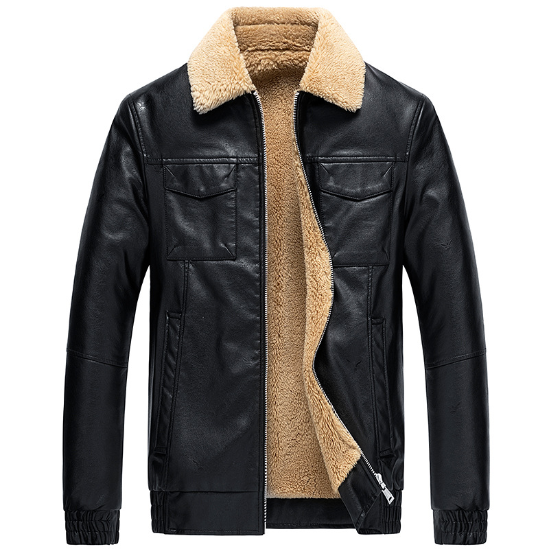 

Mens Fashion PU Zipper Fleece Thick Warm Soft Pocket Jacket