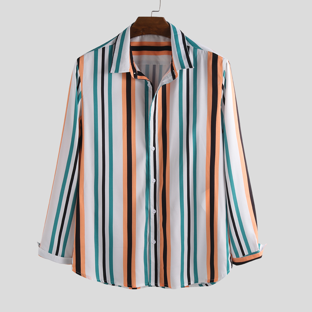 

Mens Colorful Stripe Casual Long Sleeve Turn Down Collar Shirts