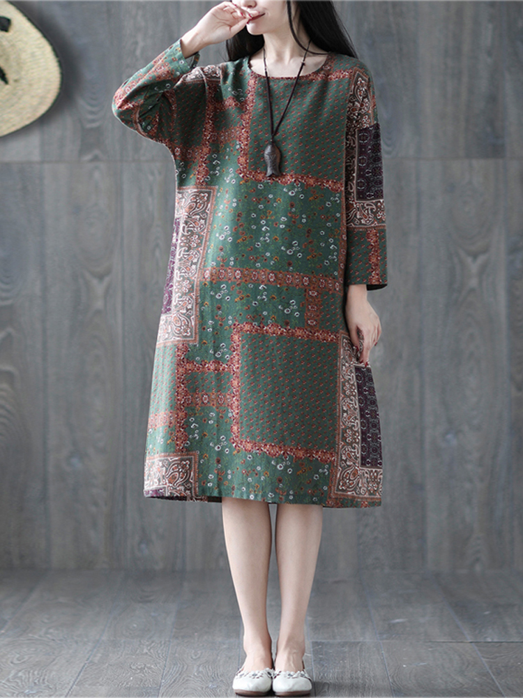 

Women Autumn Cotton Ethnic Print Casual Floral Midi Dress