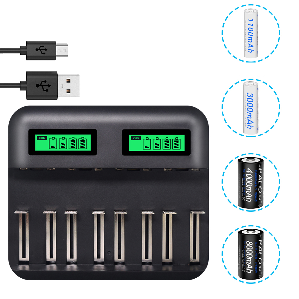 

PALO Multi 8 Slots LCD Display Battery Charger Travel Portable Car Chargers Smart Charger For Nimh Nicd AA/AAA/SC/C/D/9V Rechargeable Battery