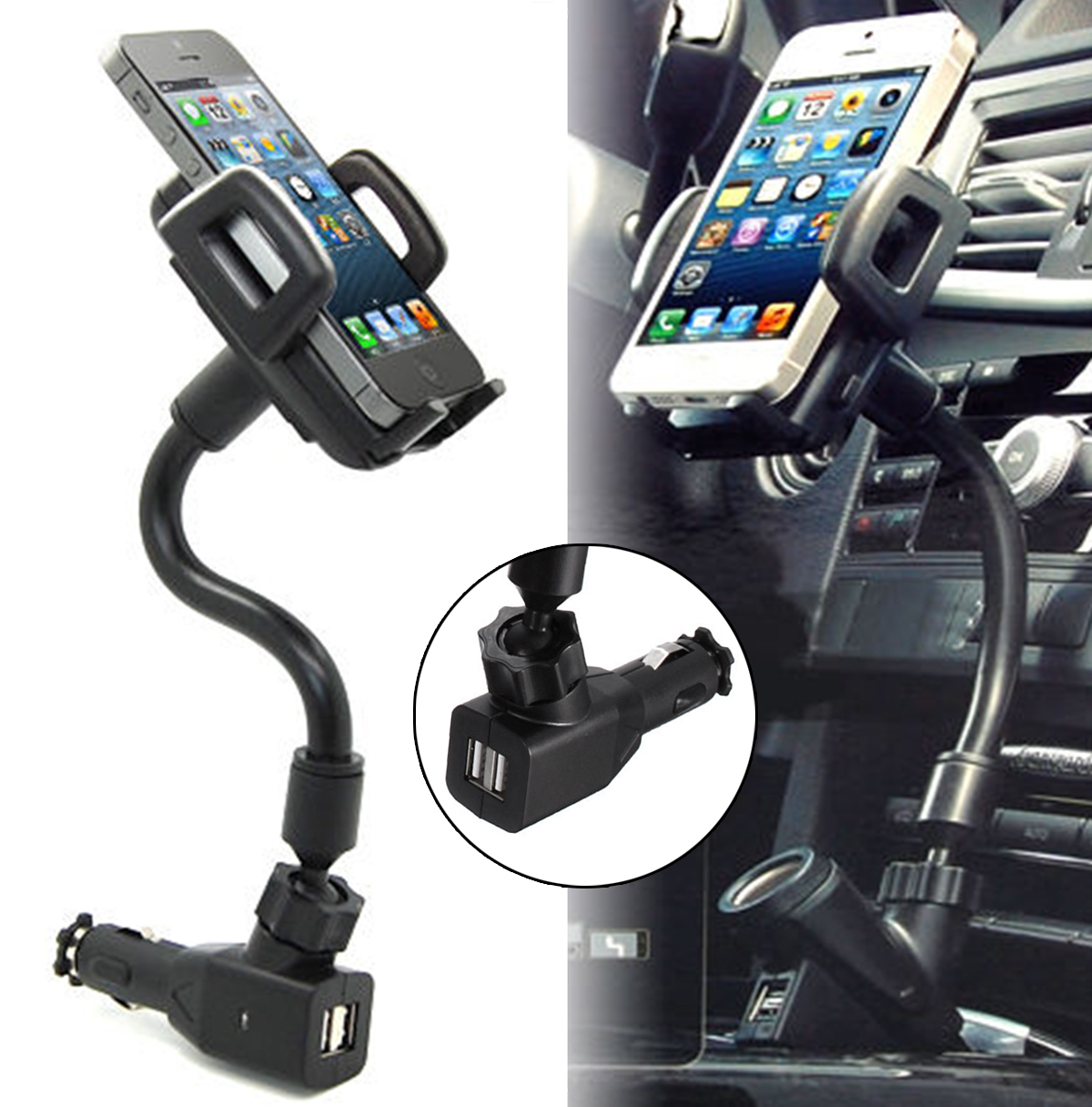 

2 USB Ports Car Charger Stand Mount Holder For iPhone 5 5S 5C