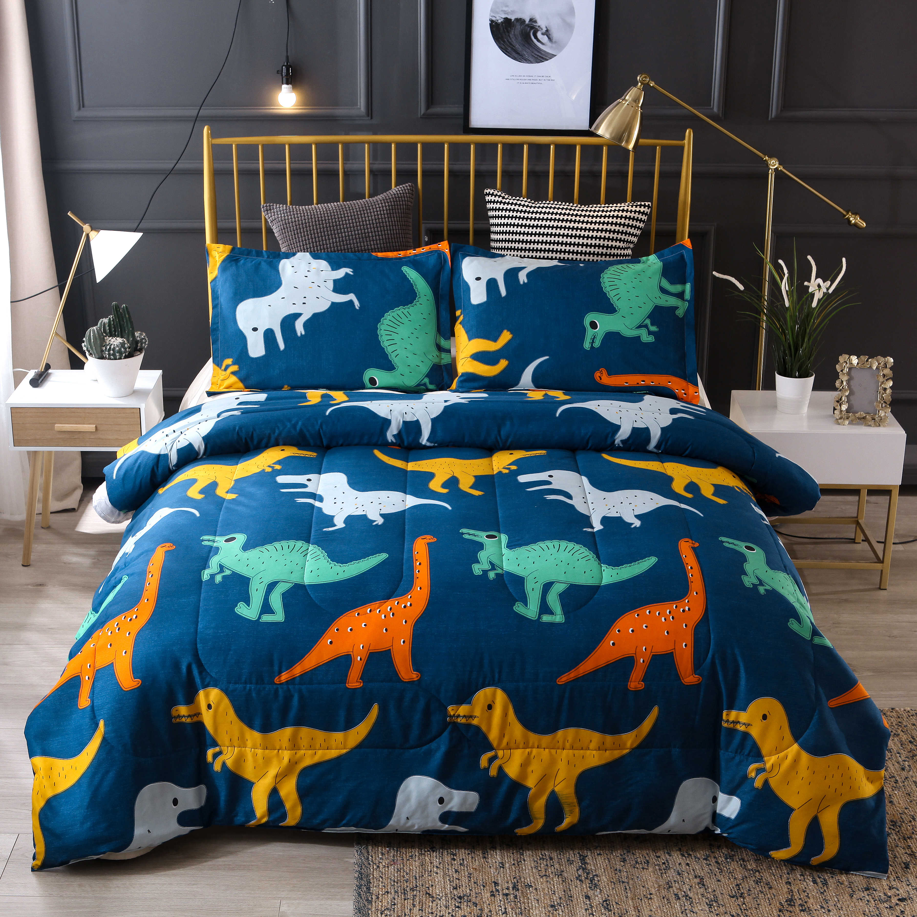 

3 PCS Bedding Sets Cartoon Dinosaur Printing Quilt Cover Pillowcase For Queen Size