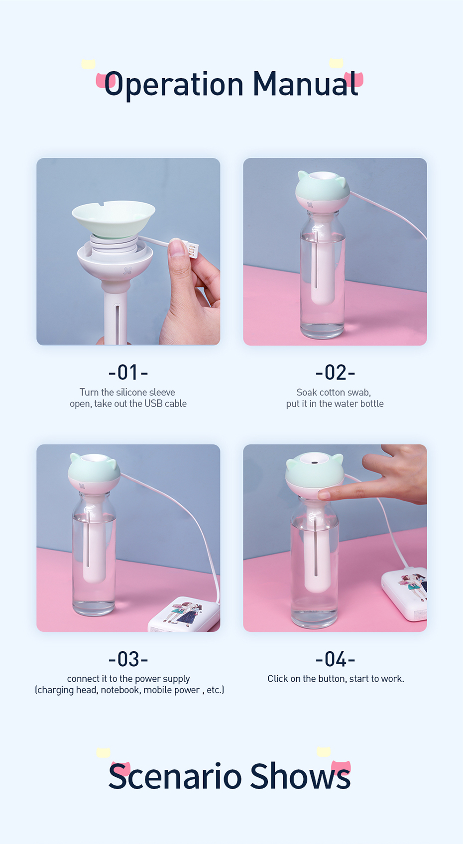 Baseus Portable Ultrasonic Mist Maker Adjustable Height USB Air Humidifier for Home Travel Aroma Diffuser 16