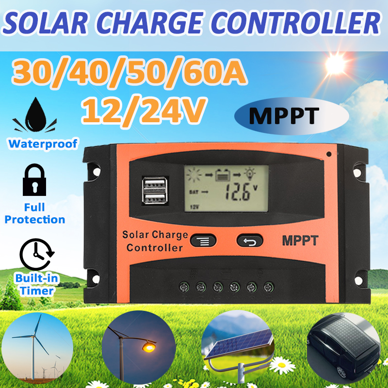 30A/40A/50A/60A MPPT Solar Charge Controller 12V/24V LCD Accuracy Dual USB Solar Panel Battery Regulator Built-in Timer 29