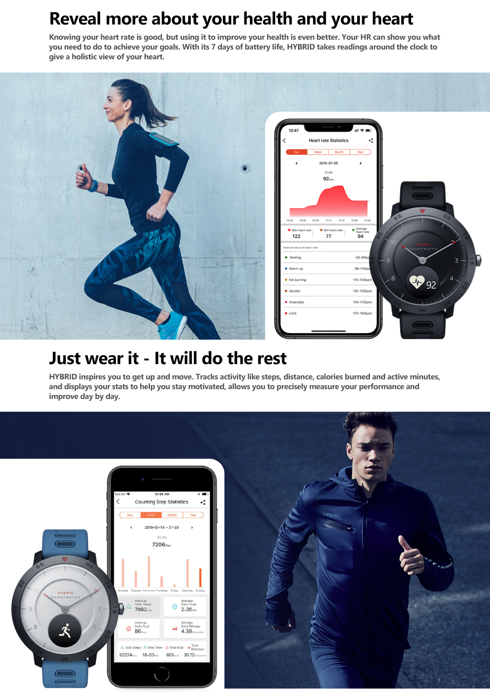 Zeblaze HYBRID Heart Rate Blood Pressure Monitor Real-time Weather Temperature Goal Reminders Dual Modes Mechanical Hands Smart Watch 55