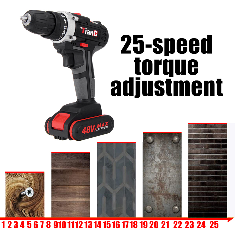 48V Dual Speed Electric Drill Li-ion Battery Power Drills W/ 1 Or 2 Batteries Forward/Reverse Switch