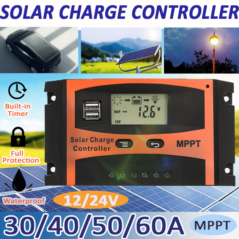 30A/40A/50A/60A MPPT Solar Charge Controller 12V/24V LCD Accuracy Dual USB Solar Panel Battery Regulator Built-in Timer 10