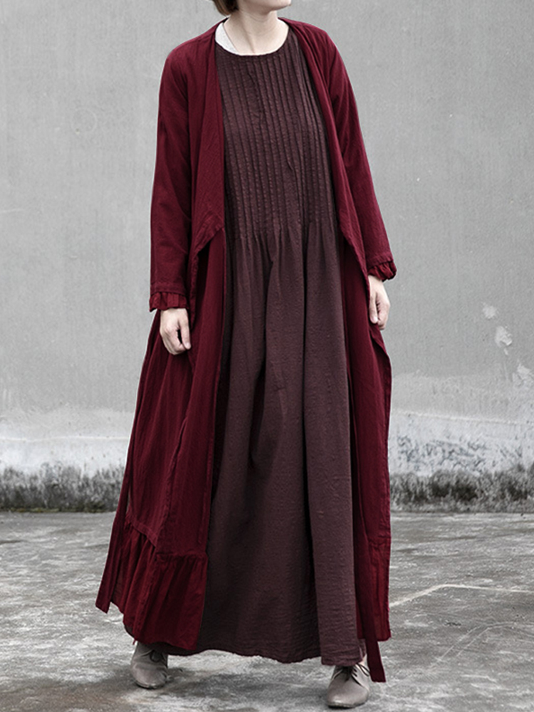 

Long Sleeve Front Open Bandage Solid Maxi Cardigans