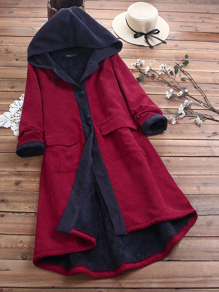 

Women Casual Patch Hooded Thick Fleece Corduroy Long Coats