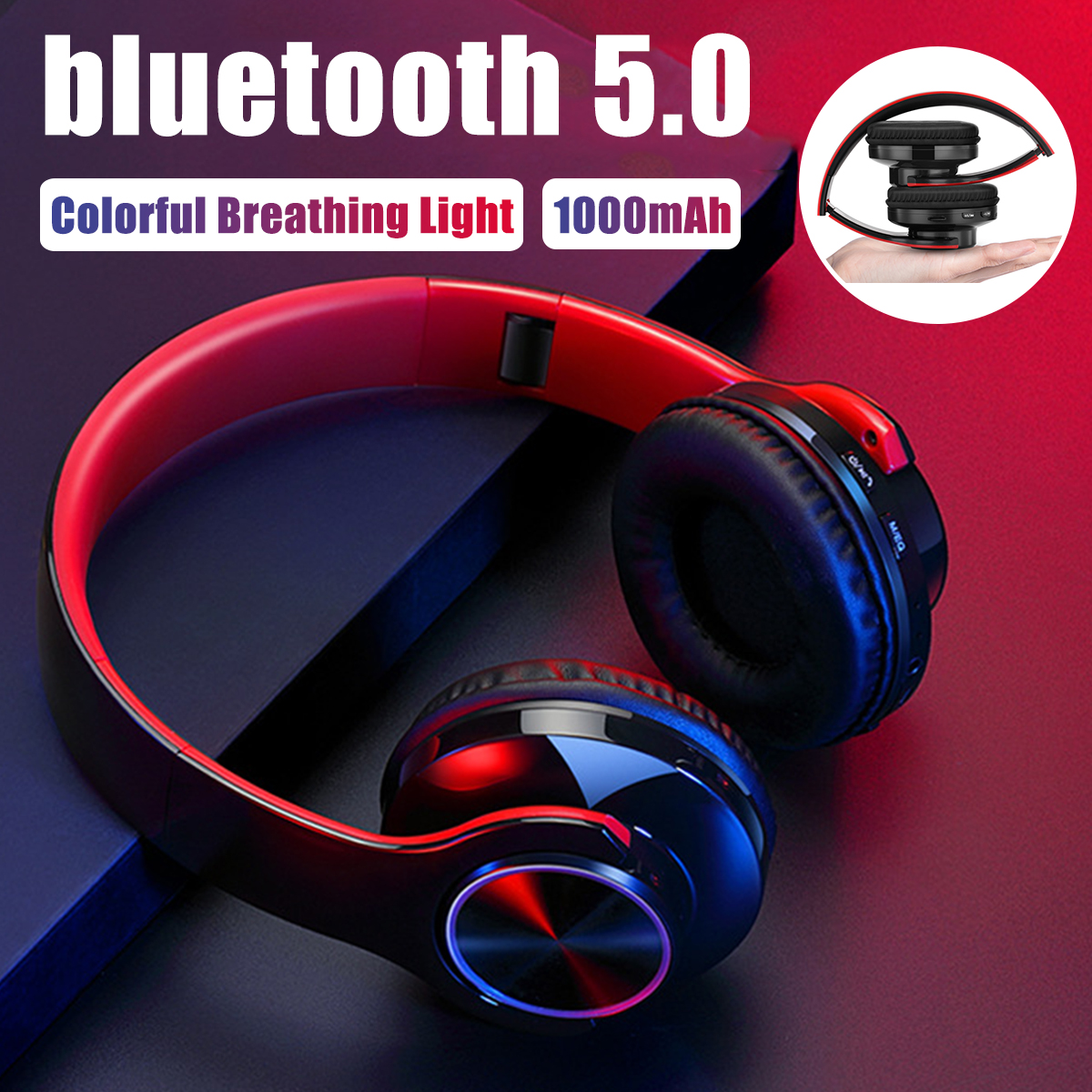 Foldable Wireless bluetooth V5.0 Headset LED Breathing Light Gaming Headphone Support FM Radio TF Card