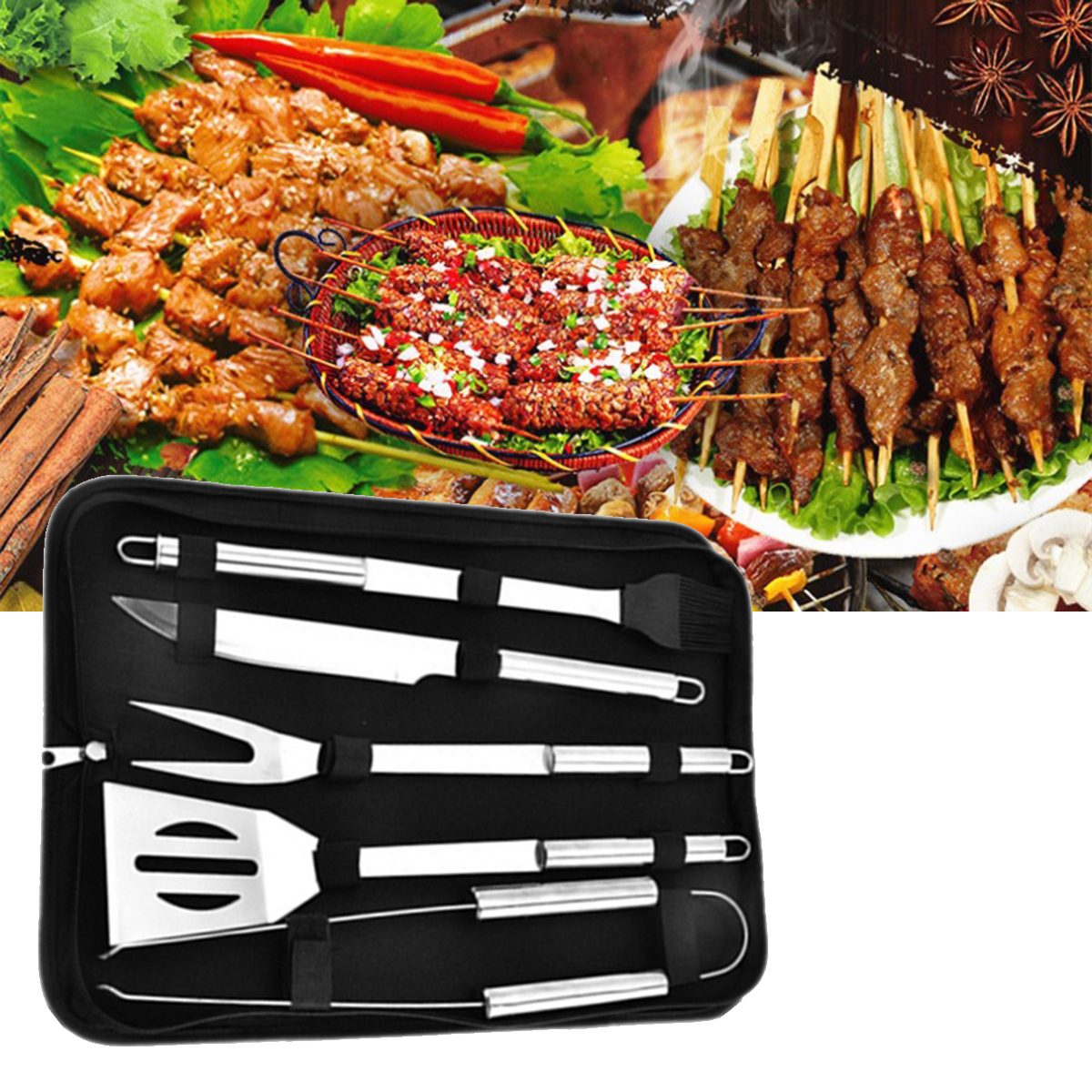 

5pcs Stainless Steel BBQ Tableware Outdoor Picnic Set Barbecue Utensils Kit Portable Cooking Tools