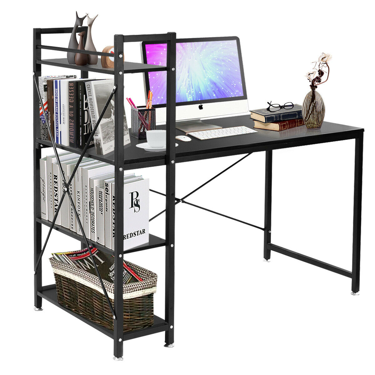 

Costway Modern Computer Laptop Desk With 4-tier Shelves Bookshelf PC Workstation Study Table Home Office Furniture