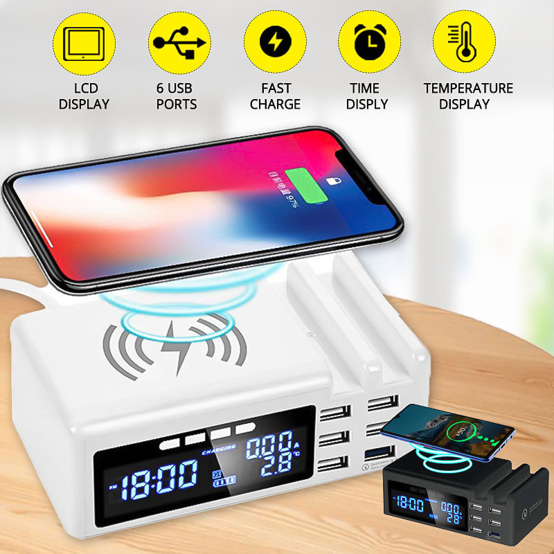 

Qi Wireless Phone ChargeQC3.0 Smart LCD Clock 48W 5 Ports 2.1A Adapter Temperature Display Desktop Charging Station For