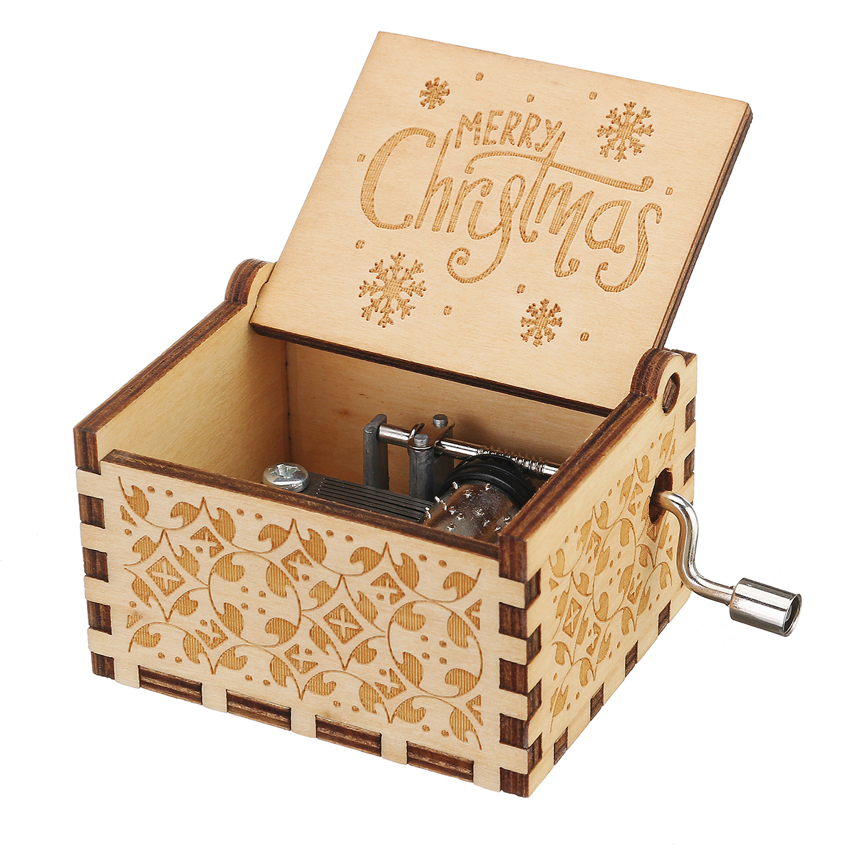 

Hand Crank Classic Wooden Music Box Christmas Engraved Snow Elk Deer Kid Gift