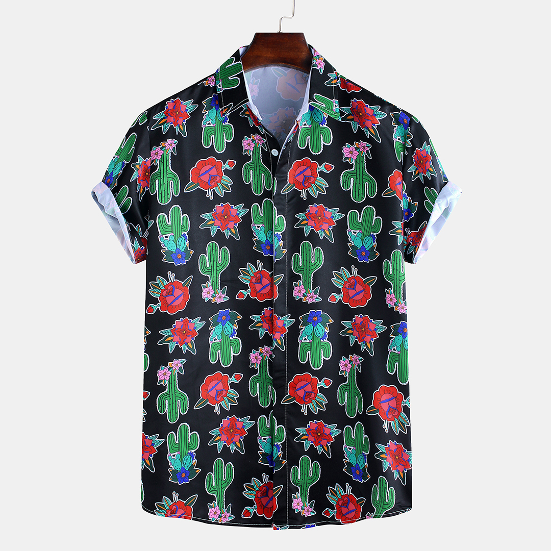 

Men Cactus Flower Printed Summer Casual Short Sleeve Lapel Shirts