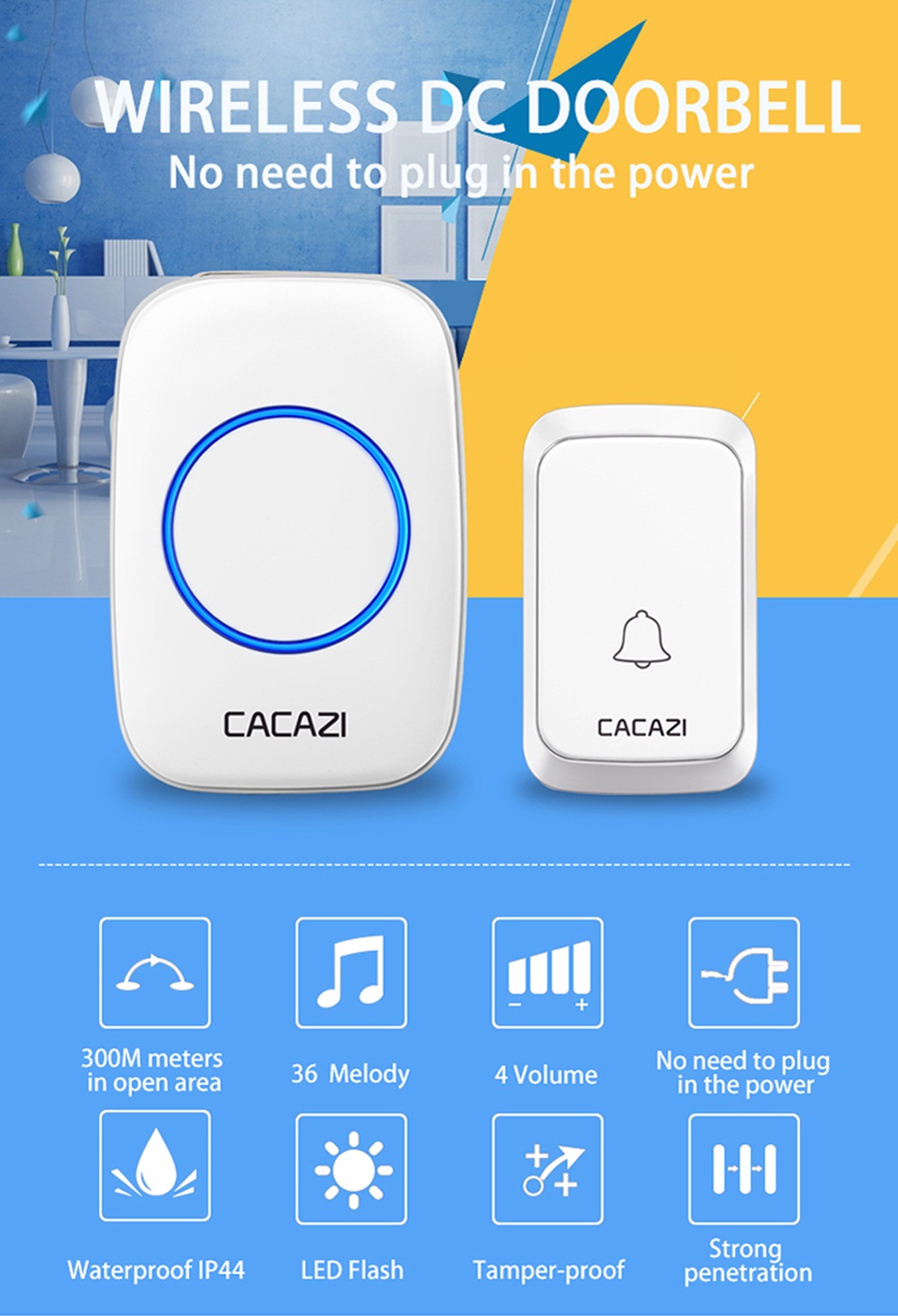 CACAZI 2 Receiver 1 Transmitter 300M Wireless Remote Waterproof LED Indicator Digital DC Doorbell 5
