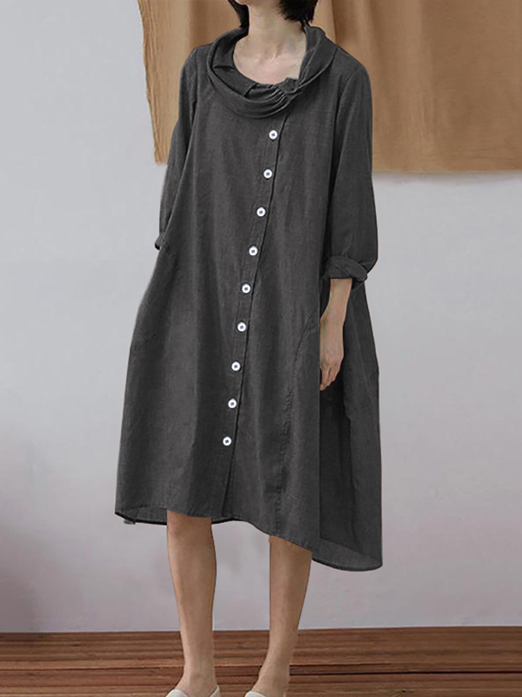 

Solid Color Crew Neck Button Long Sleeve Casual Dress