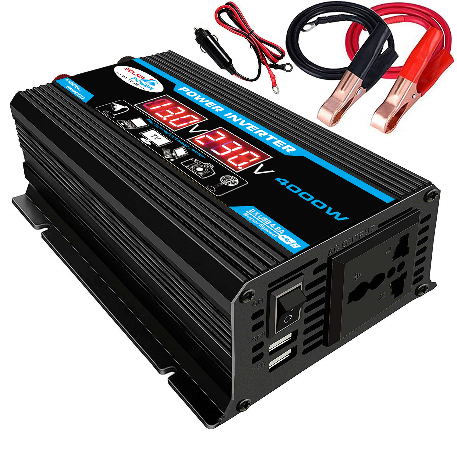 

4000W Peak Car Power Inverter 12V-220V/110V Modified Sine Wave Converter with LCD Screen Dual USB 8 Safety Protection Balck