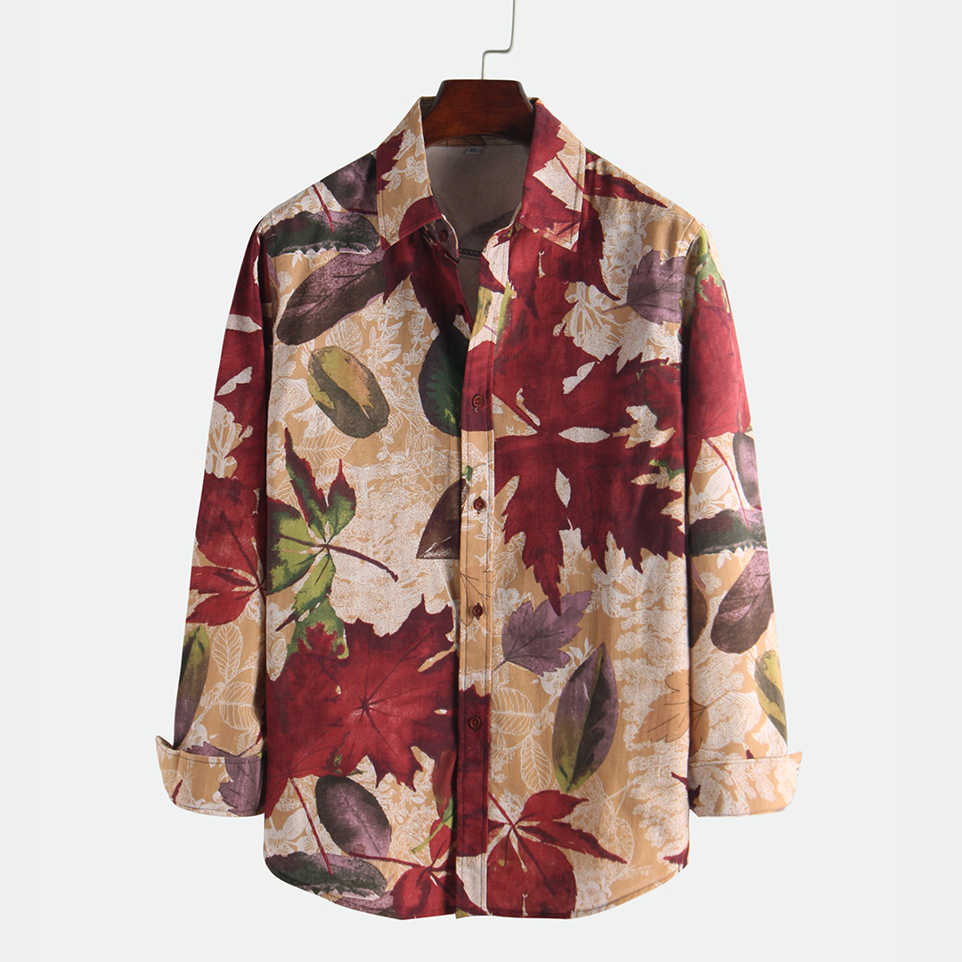 

Mens Ethnic Style Big Leaves Printing Vintage Long Sleeve Loose Casual Shirts