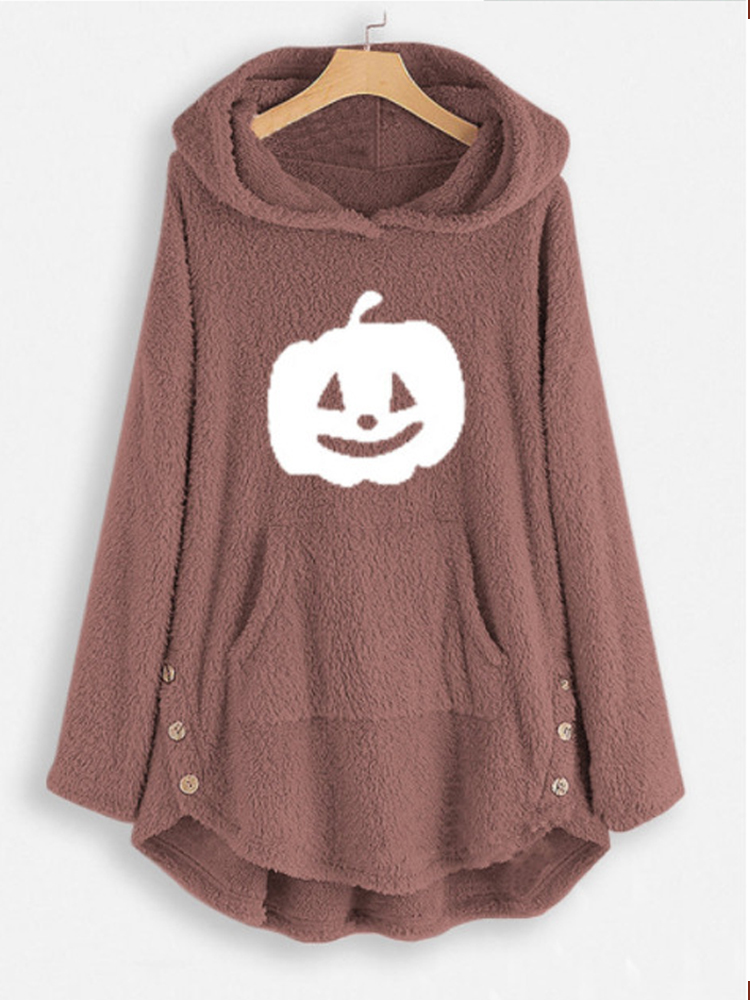 

Women Pumpkin Print Hooded Fleece Pocket Hoodie