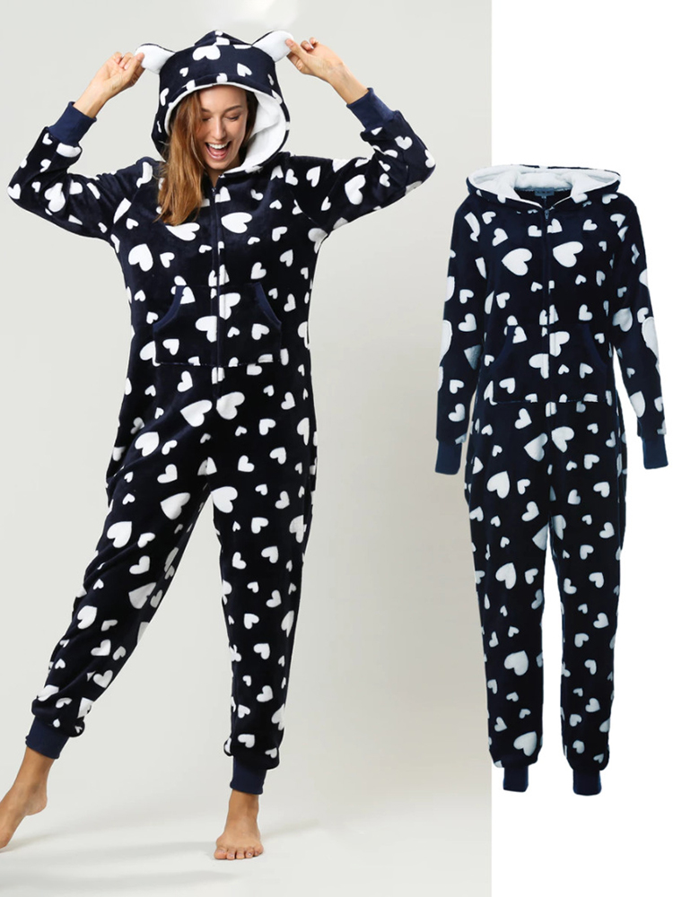 

Flannel Heart Printed Front Zip Hoodie Onsie With Pocket Pajama Set