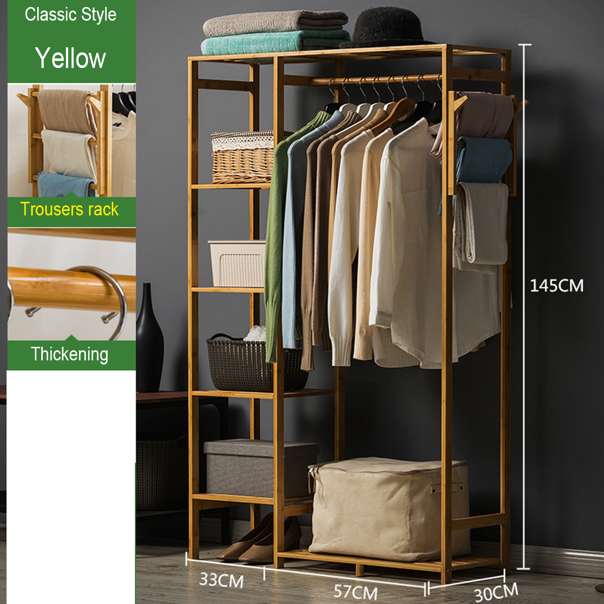 Cabinet Type Bamboo Cloth Rail Rack Hanger Display Rack Shelf Coat Stand Hanging Garment Holder Cabinet 8