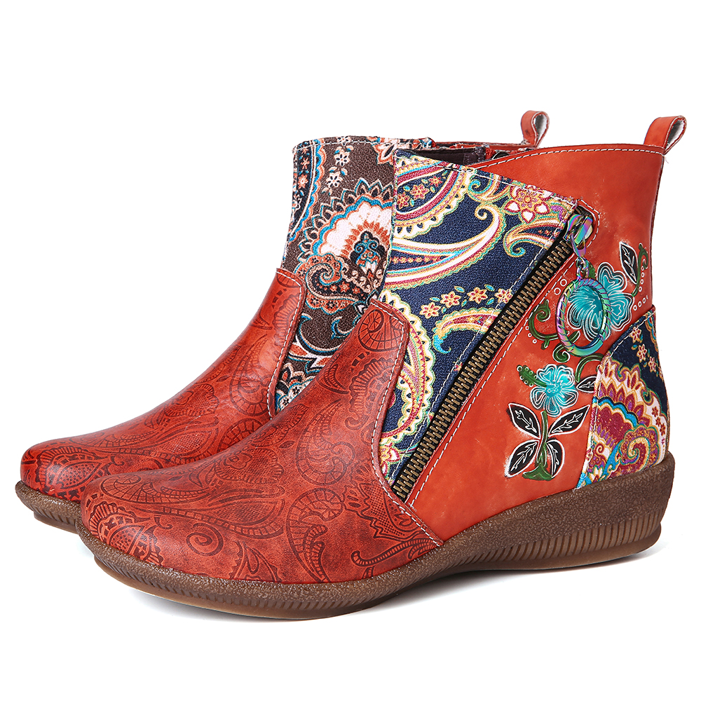 

SOCOFY Flower Pattern Genuine Leather Comfy Ankle Boots