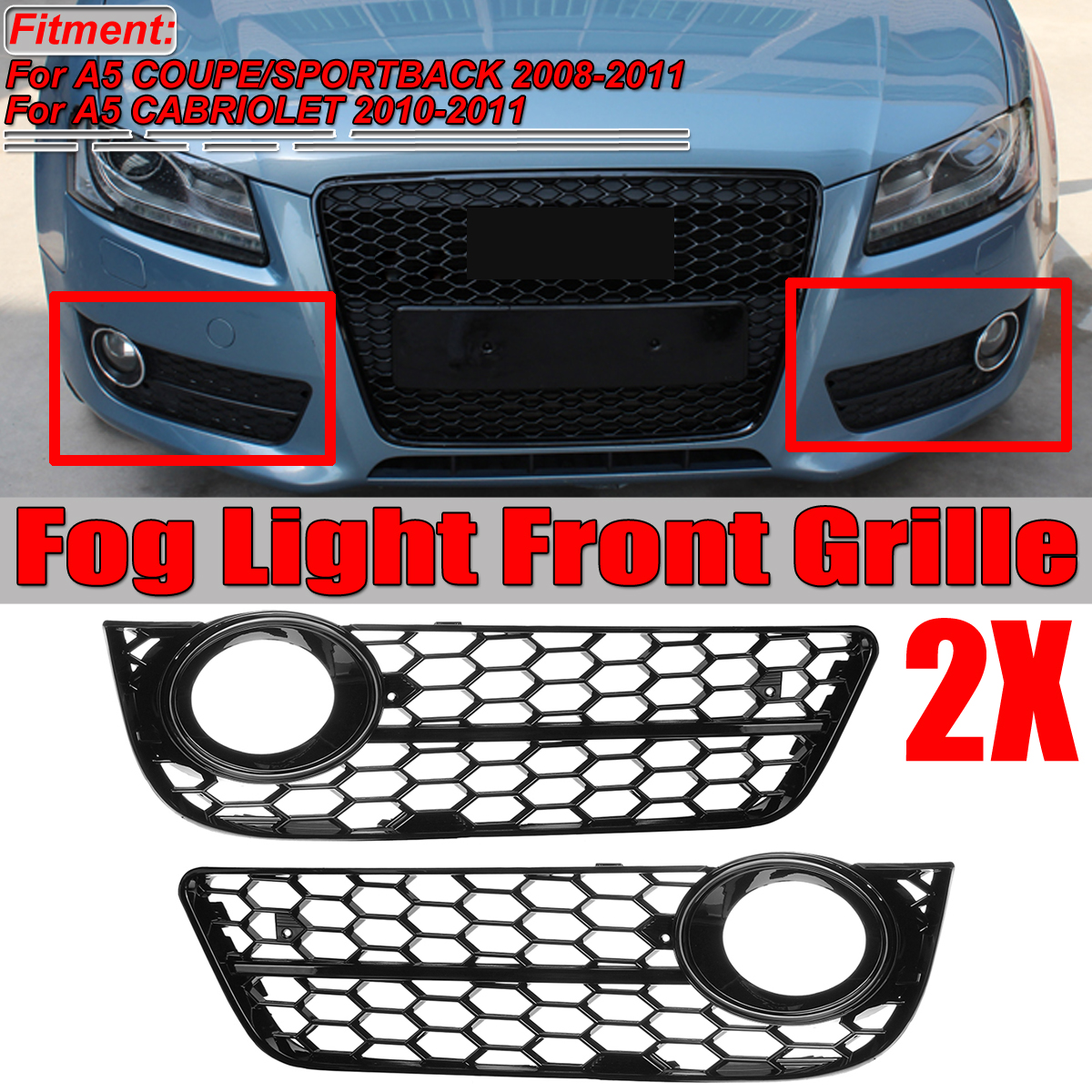 Wenxin A Pair Front Bumper Fog Light Lamp Racing Honeycomb Hex Mesh Grill Cover Fit For Audi A5 For Coupe/Sportback 2008-11 Cabriole，Fog Light Grille Color : Black