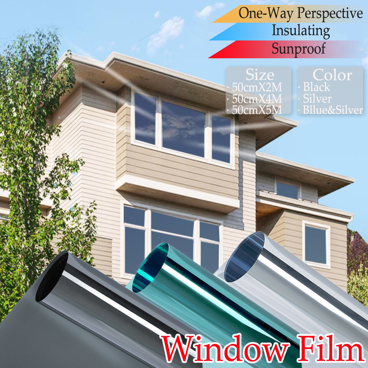 One Way Solar Reflective Mirror Privacy Window Film Glass Sticker 50cm x 1/2/3m
