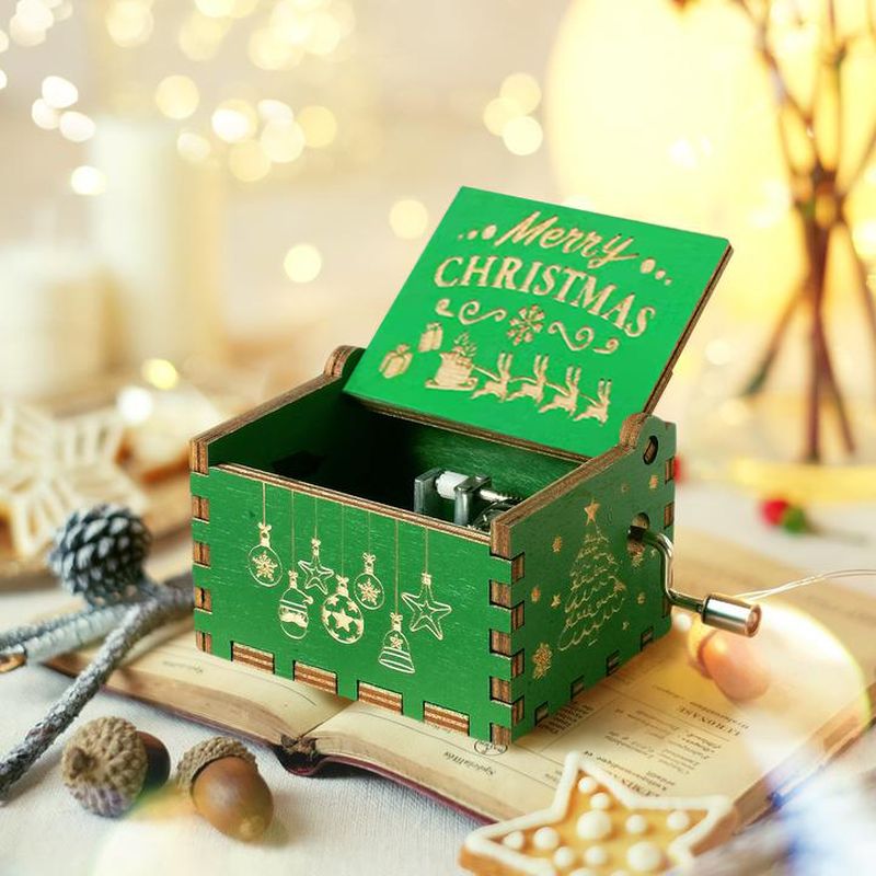 

Retro Wooden Music Box Craft Hand Crank Engraved "Christmas" Gift Xmas Kid Toys