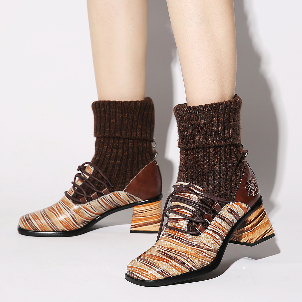 

Women Retro Stripes Splicing High Heel Ankle Boots