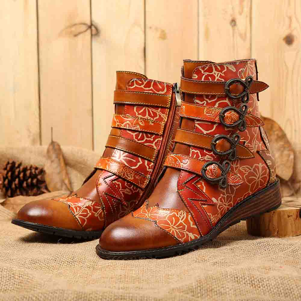 

Women Retro Genuine Leather Stitching Zipper Boots