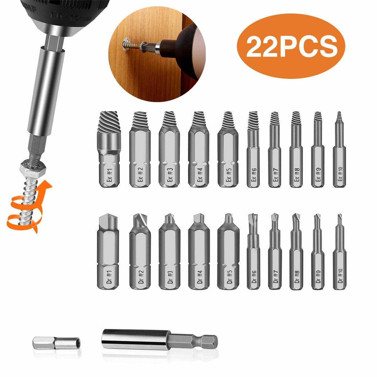 22PCS Damaged Screw Extractor Remove Set Broken Screw Or Bolt Stripped Remover 